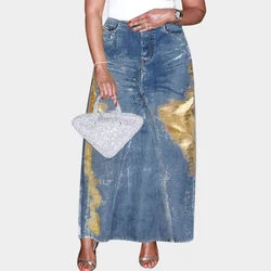 Vintage Plus Size Denim Women's Skirt Fashion Y2K Jeans High Waist Elastic Pockets Split Chic Long A-line Skirt 2024 New Arrival