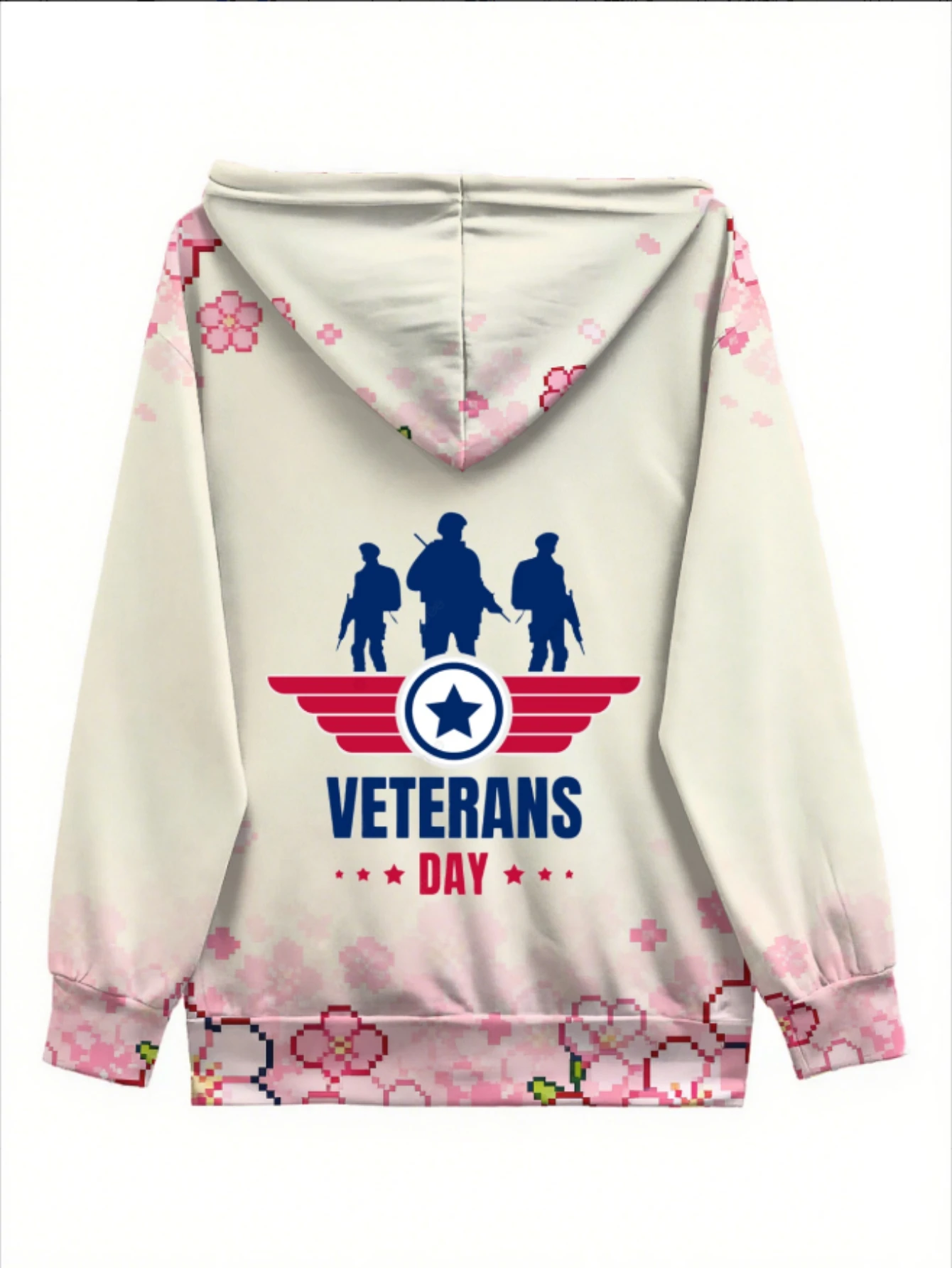 طباعة ثلاثية الأبعاد كاملة الطباعة بكسل الفن أزهار الكرز وجنود يوم المحاربين القدامى صورة ظلية شعار هوديي نمط: دمج إبداعي من Ame #5