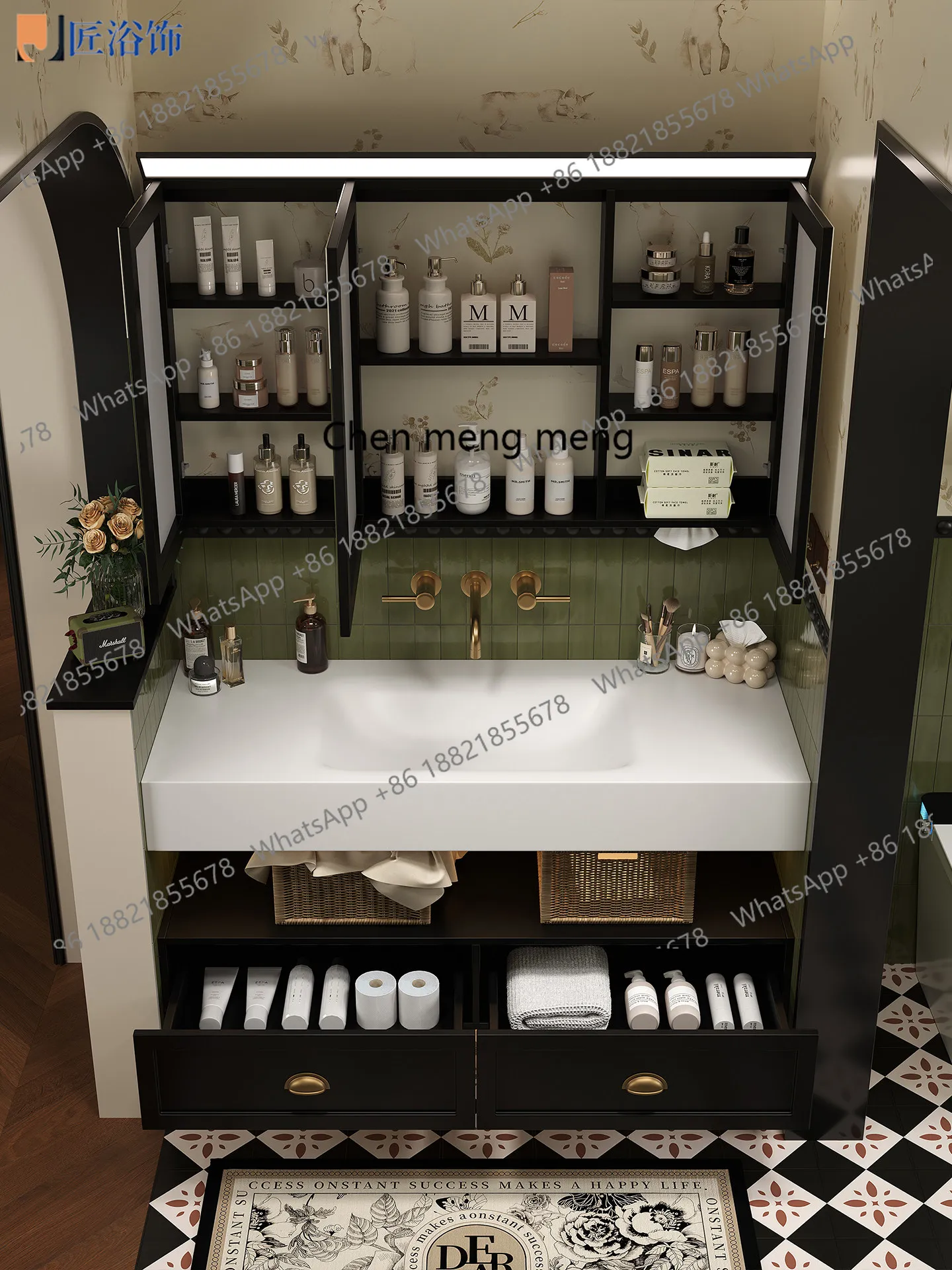 French retro style bathroom cabinet combination rock slab hot bending seamless integrated basin toilet, washstand