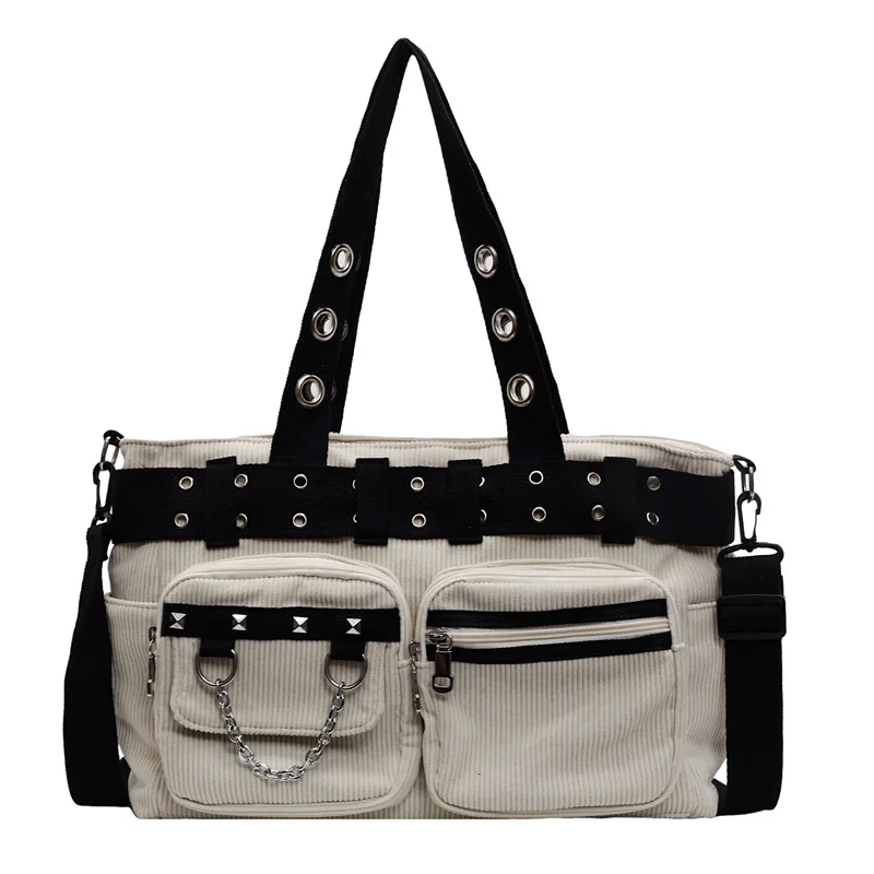 

Casual Large-capacity Striped Corduroy Tote Bag Solid Zipper Rivet Versatile Handbag Punk Rock Female Commuting Single Shoulder
