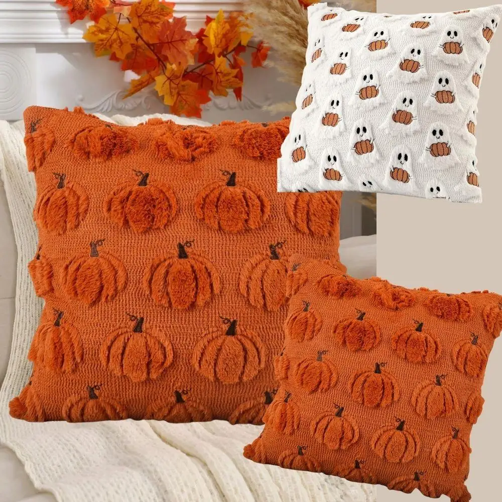 Autunno Halloween Fodera per cuscino 45x45 cm Autunno Zucca Fantasma Peluche Federa Copertura Decorazione natalizia Cuscino per soggiorno