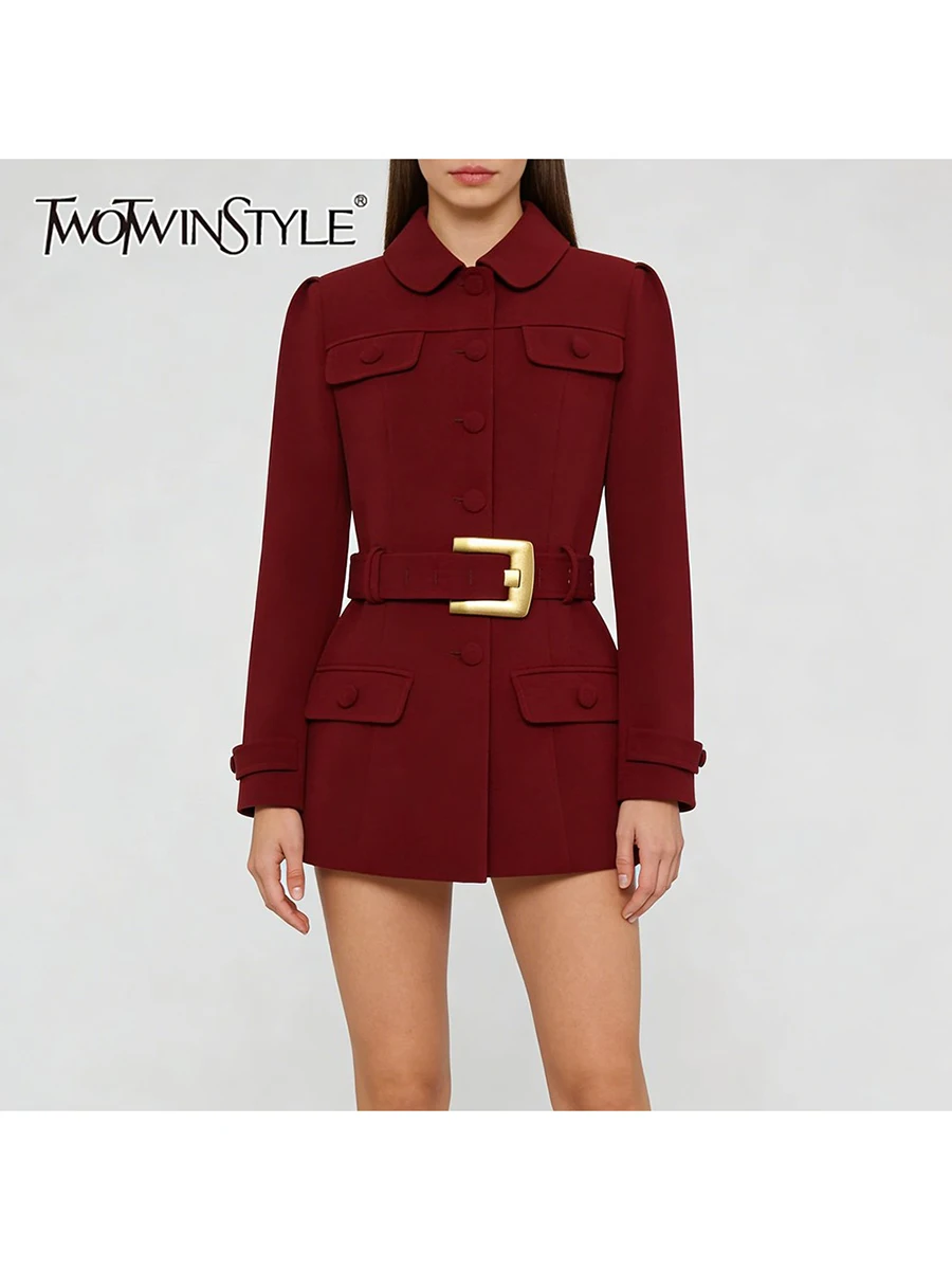 Twotwinstyle sólido emagrecimento emendado cinto temperamento blazers para mulheres lapela mangas compridas retalhos botões blazer feminino novo