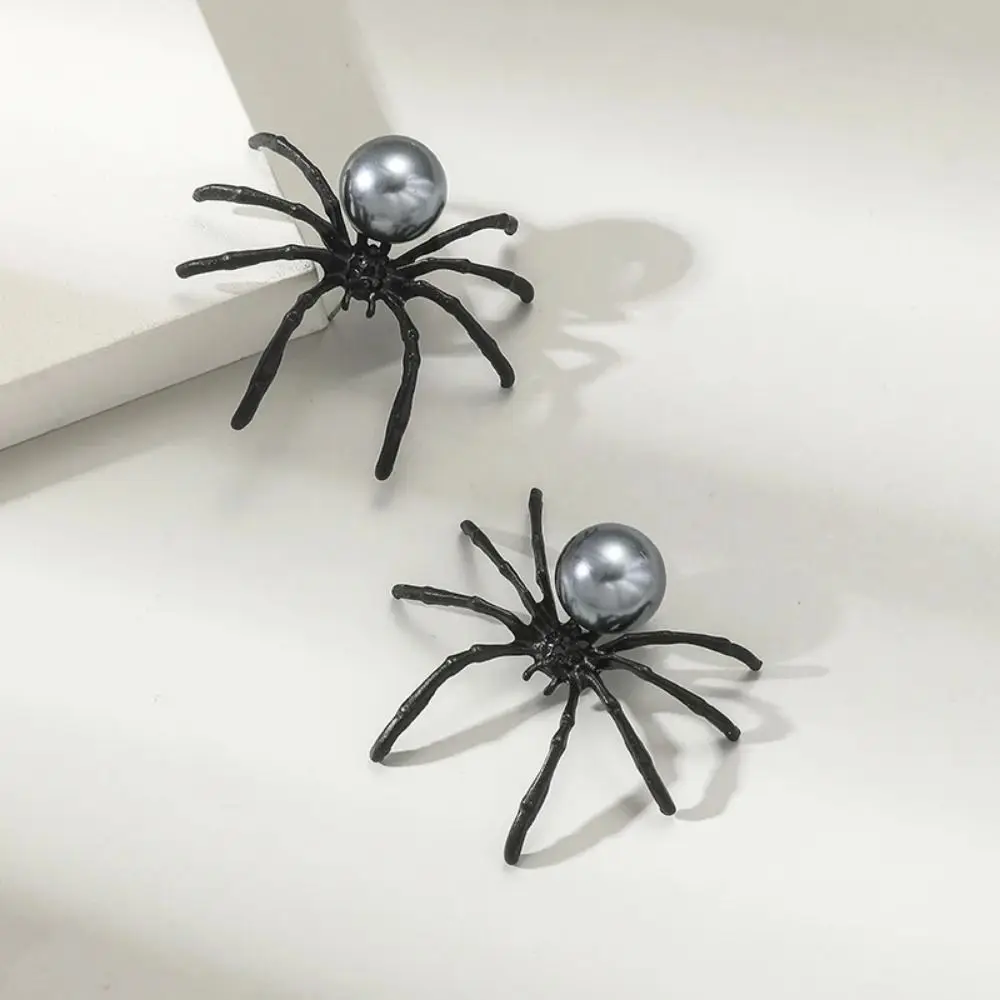 1Pair Durable Halloween Spider Insect Spider Earrings Exaggerated Personality Punk Ear Stud Alloy Black Pearl Jewelry For Women