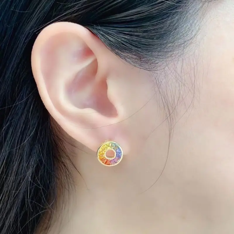 Aazuo Fine Jewelry 18K Yellow Gold Natural Sappires Perfect Round Rainbow Stud Earring Gifted For Women Engagement Wedding Party