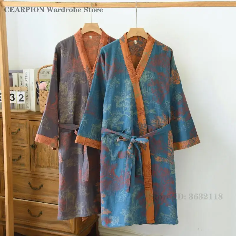 

Кимоно в японском стиле, халат, одежда для сна, женский халат с цветочным принтом, весенне-осенняя хлопковая ночная рубашка, мужская домашняя одежда, домашняя одежда