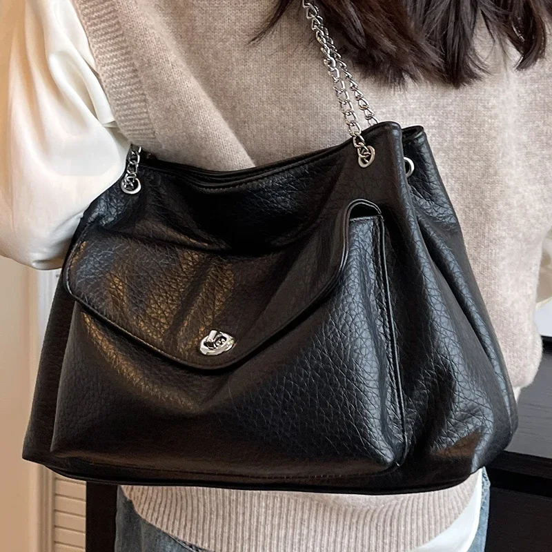 Female Large Black Tote Handbag Multi Pocket Ladies Metal Chain Shoulder Bag Soft Pu Leather Women\'s Serviceable Crossbody Bags