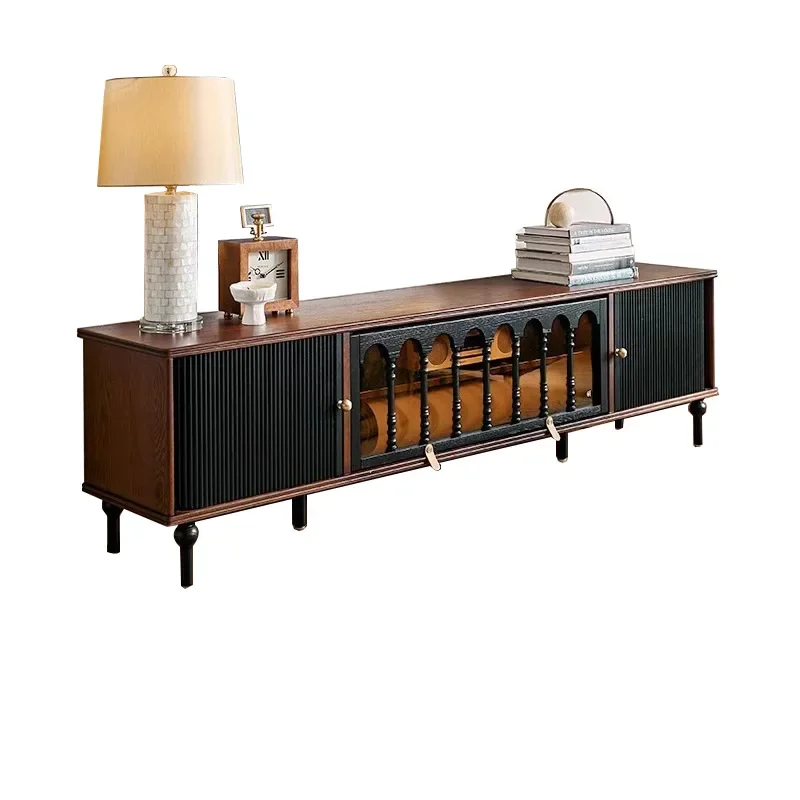 

French retro solid wood TV cabinet, black American living room, home antique floor storage, integrated locker