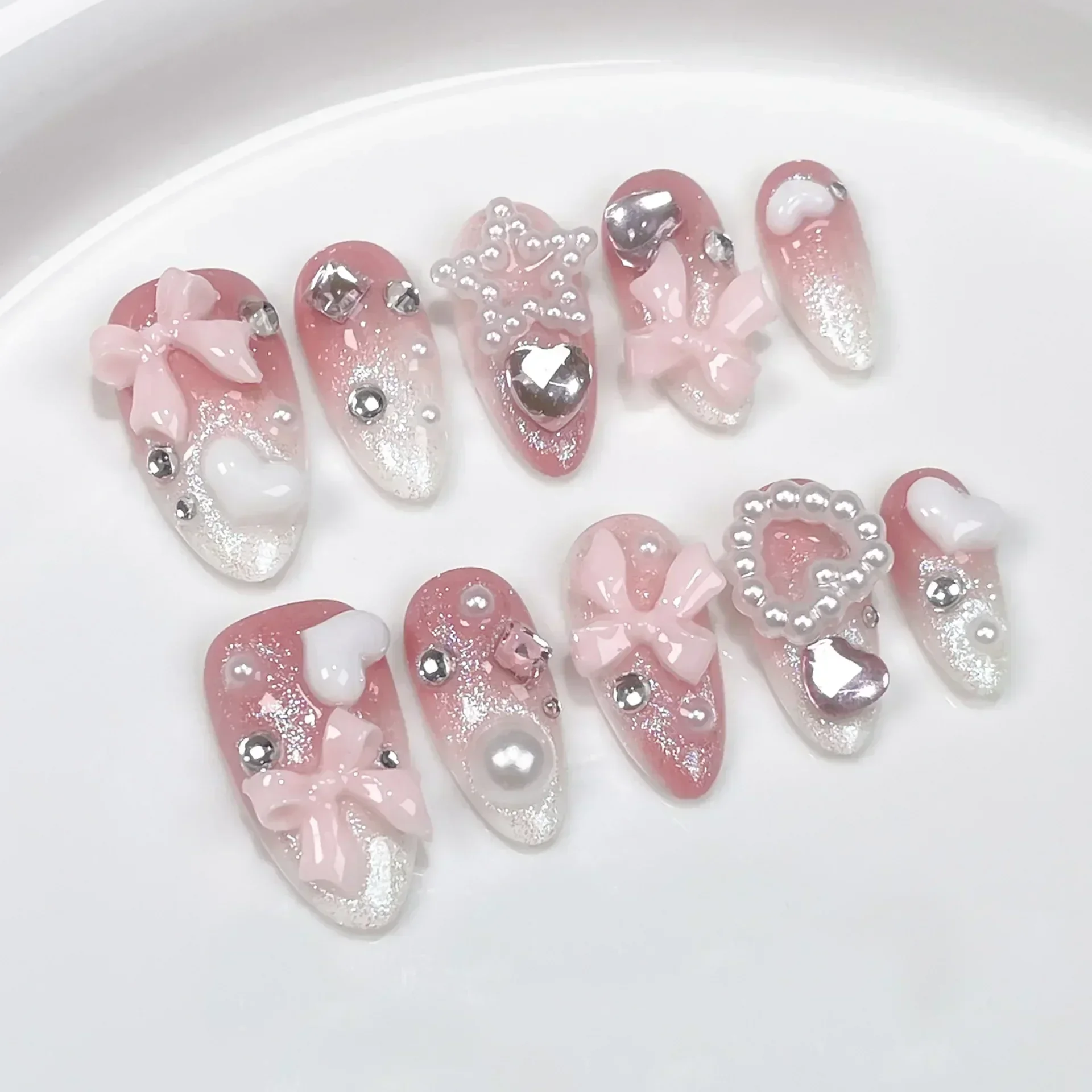 10Pcs Pink Almond Handmade Press on Nails Bow Fake Nails with Rhinestone Decoration Wearable Stick-on Nails False Nail 네일팁