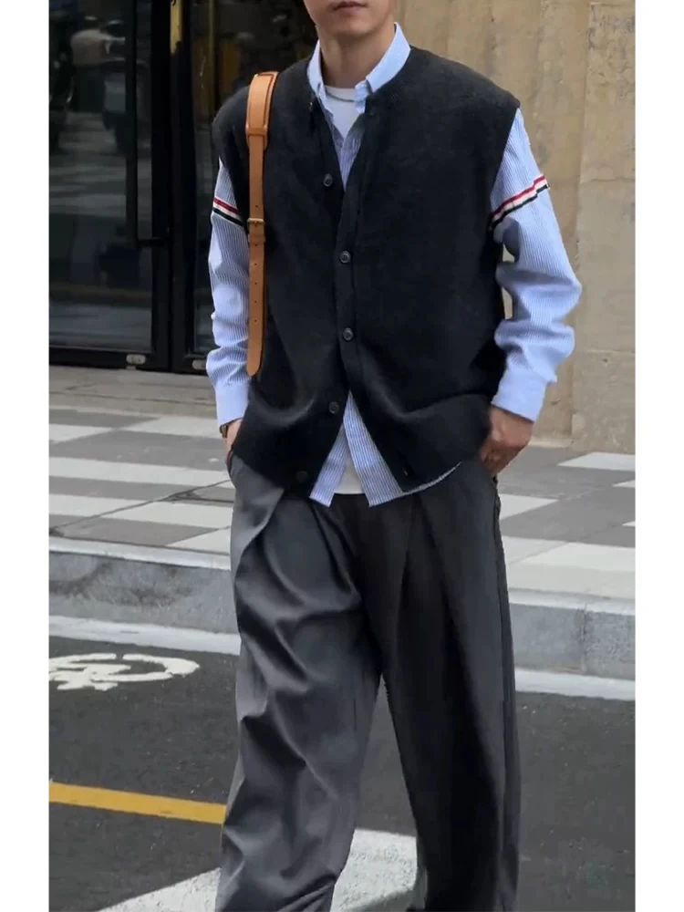 Korean Style Knitted Vest Sleeveless Casual Wear for Men Autumn Winter Layering Commute Friendly Open Cardigan Sweater Jacket