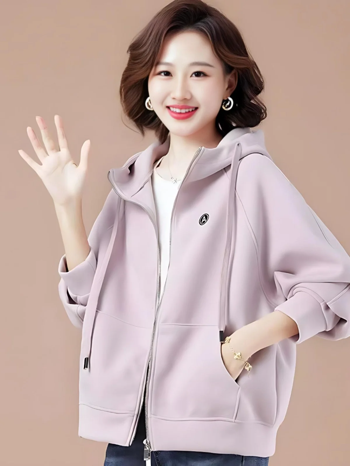 

Casual Fashionable Hooded Zipper Short Jacket Women's Spring Autumn Large Size Loose Fit Thin Sweatshirt Cardigan