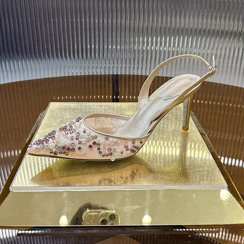 جديد المرأة سلسلة حبة ديكور رقيقة عالية الكعب Sandalias أشار تو شبكة مغلقة تو الصنادل الصيف فستان الحفلات أحذية مضخات