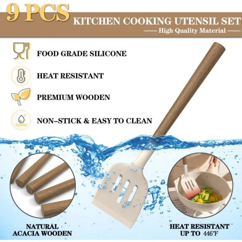 Silicone Kitchen Cooking Utensil Set, 9Pcs Kitchen Utensils Spatula Set with Wooden Handle Nonstick Cookware, 446 °F Heat Re