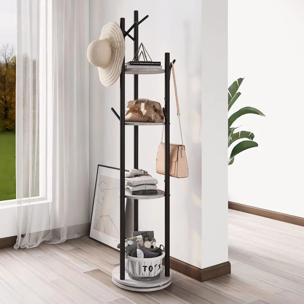 

Rotary Coat Rack Freestanding Metal Coat Hall Tree Stand with 4 Tiers Storage Display Shelf and 9 Hooks for Entryway