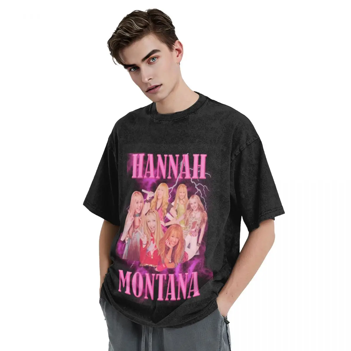 Washed T Shirt Hannah Montana Hip Hop T-Shirts High Street Miley Cyrus Streetwear 100% Cotton Summer Tops Tee Shirt Men Women