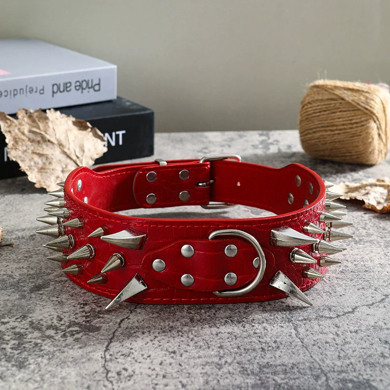 Wide Spikes Studded Leather Pet Dog Collar, Large Breeds, Pitbull, Doberman, M, L, XL Sizes, 3 Inch