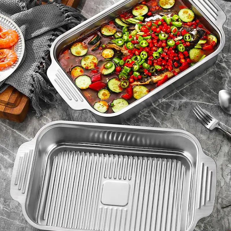 Stainless Steel Grill Pan Rectangle Grill Griddle Plate Metal Seafood Tray Barbecue Trays With Handles Grilling Pan For Family