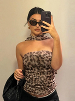 Leopard Tulle Crop Top Women Print Ruched Corset Top Woman Vintage Summer Halter Top Backless Sexy Party Tops For Women