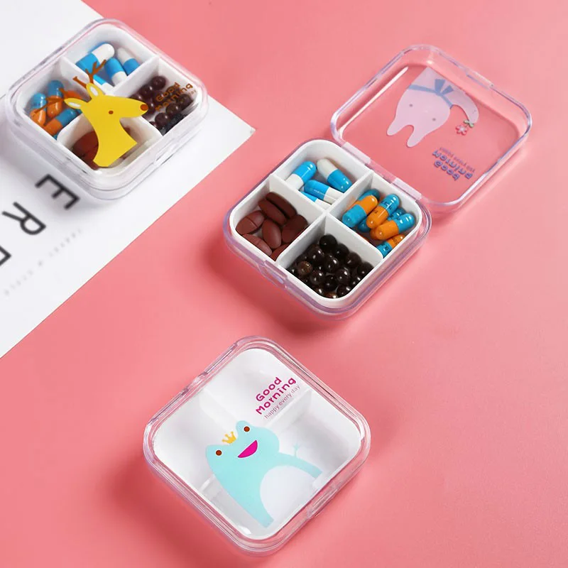 4 Grids Transparent Pill Box Cute Cartoon Mini Storage Medicine Pill Boxes Portable Empty Plastic Medicine Pill Storage Box