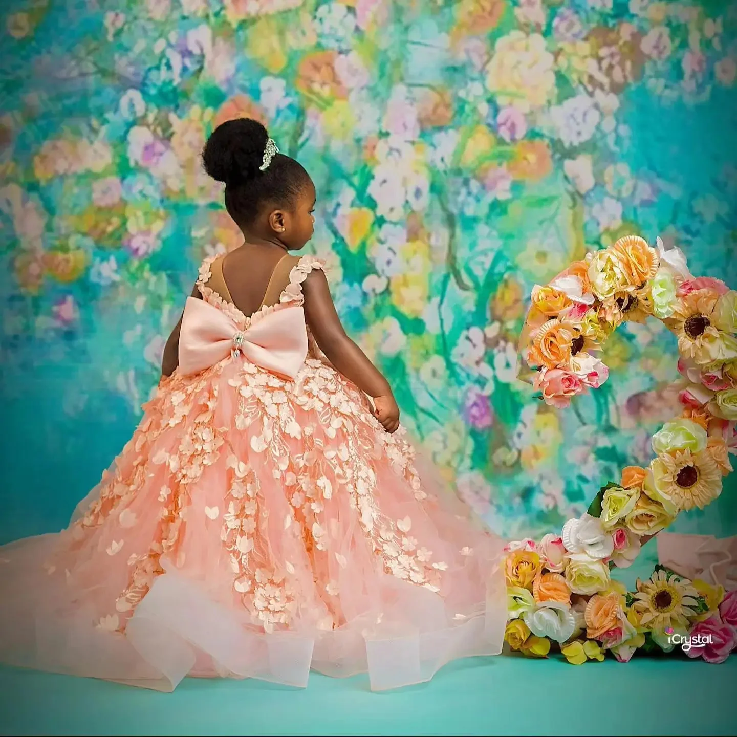 

Customized Blush Pink Flower Girl Dress For Wedding Tulle Floral Appliques With Bow Toddler Birthday Party First Communion Gown