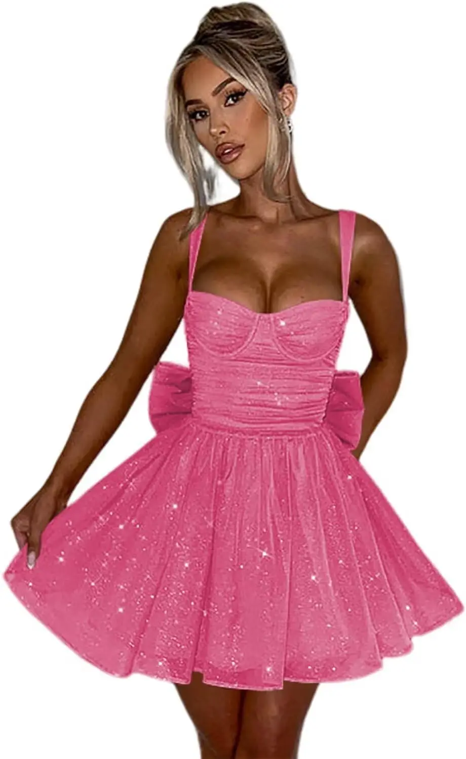 

Блестящее тюлевое платье для выпускного вечера с бантом на тонких бретельках, короткое летнее коктейльное платье для выпускного вечера в форме сердца, женское модное вечернее платье