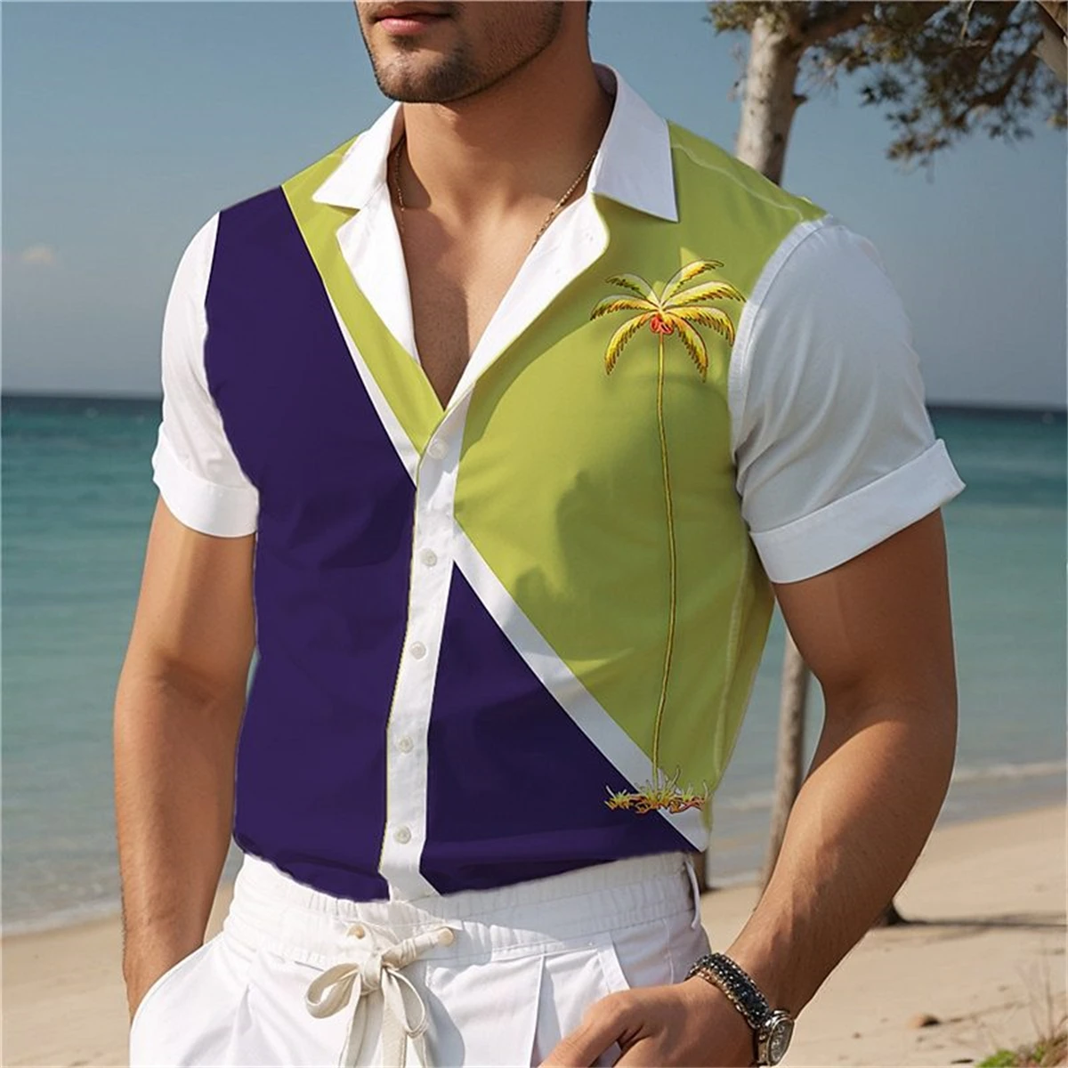 

2024 New Hawaiian Casual Men's Shirt Color Blocked Coconut Print Beach Comfortable Large Size Men's Lapel Top