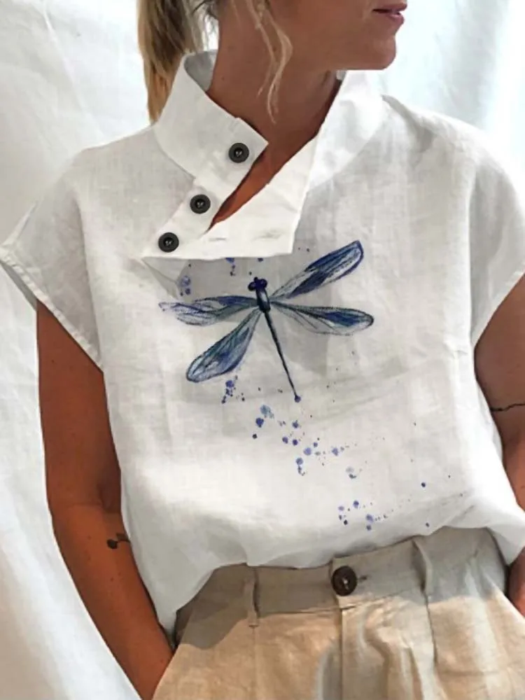 White Blouses Casual Buttons Slit Stand Neck Top Blusas Leisure Summer Blouse Women Tops Vintage Floral Print Short Sleeve