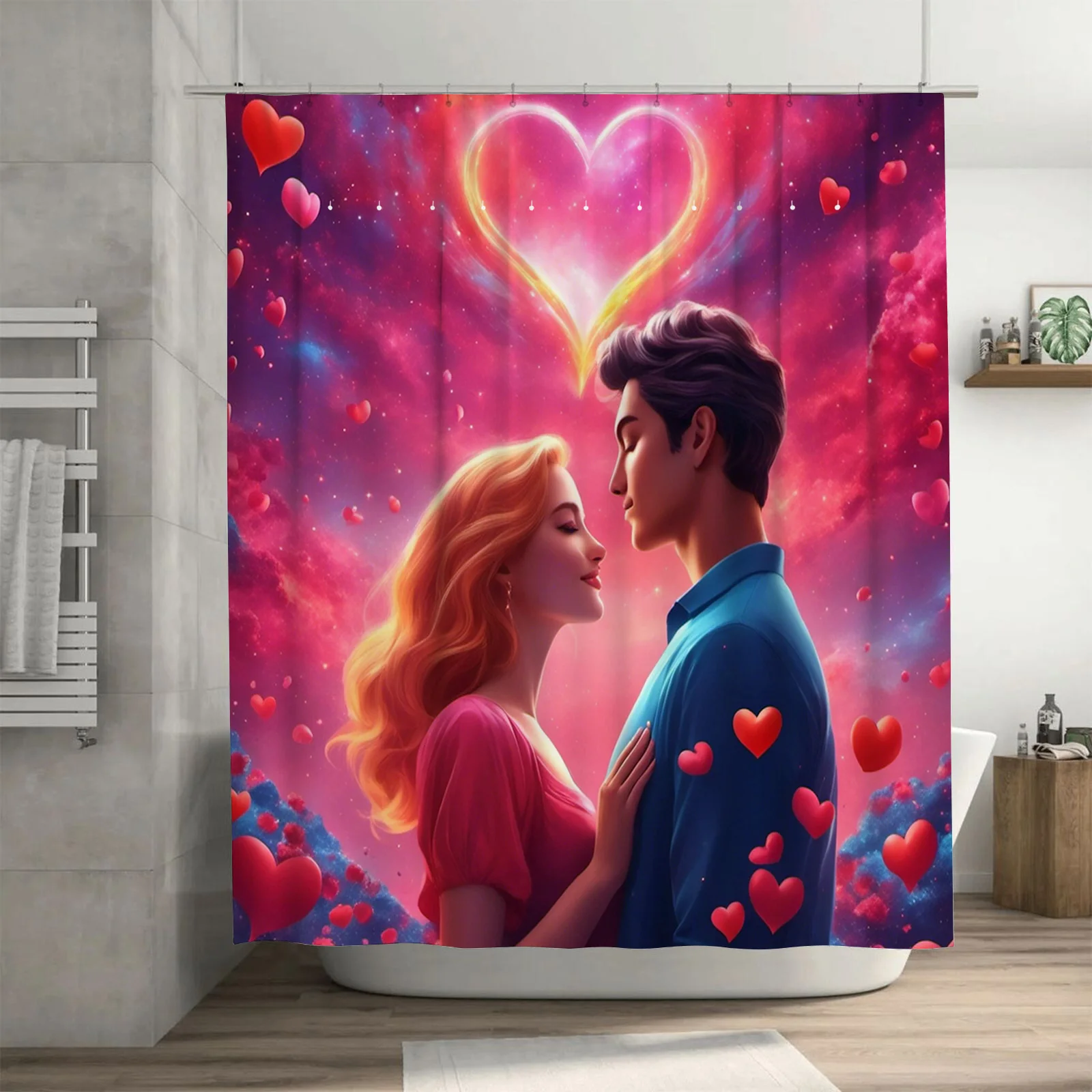 

Занавеска для душа романтической пары | Декор ванной комнаты «Любовь и Галактика»