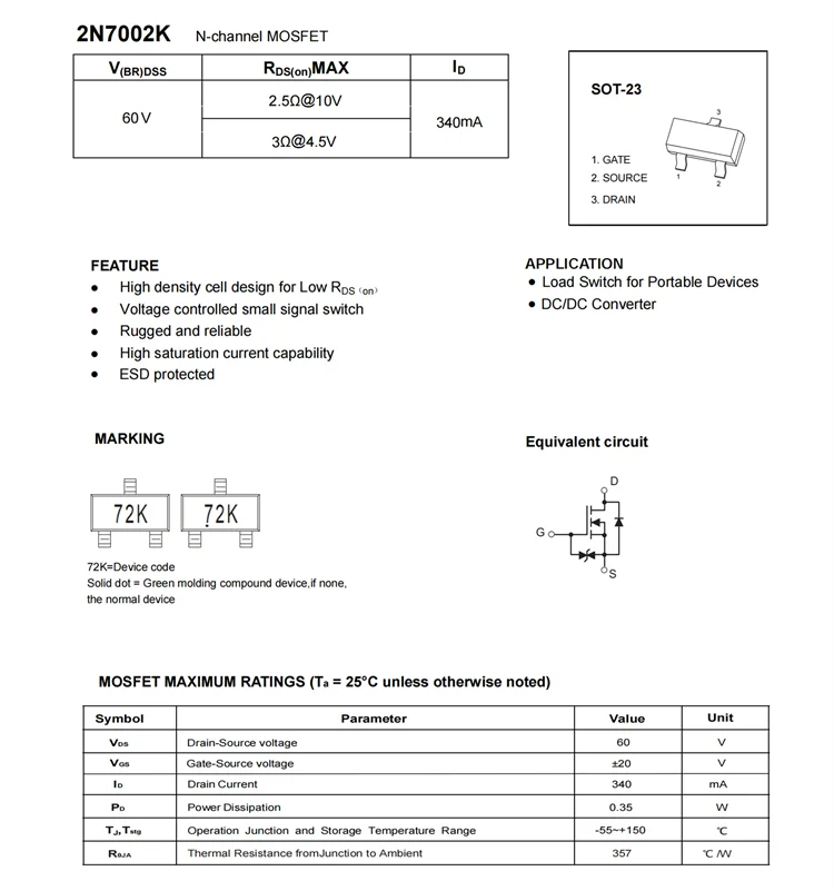 3000 Stück 2N7002 2N7002K 72K 7002 702 12W SOT23 2N7002LT1G 2N7002KT1G 60V 340mA 115mA SMD N-Kanal MOSFET Transistor – Detail 2