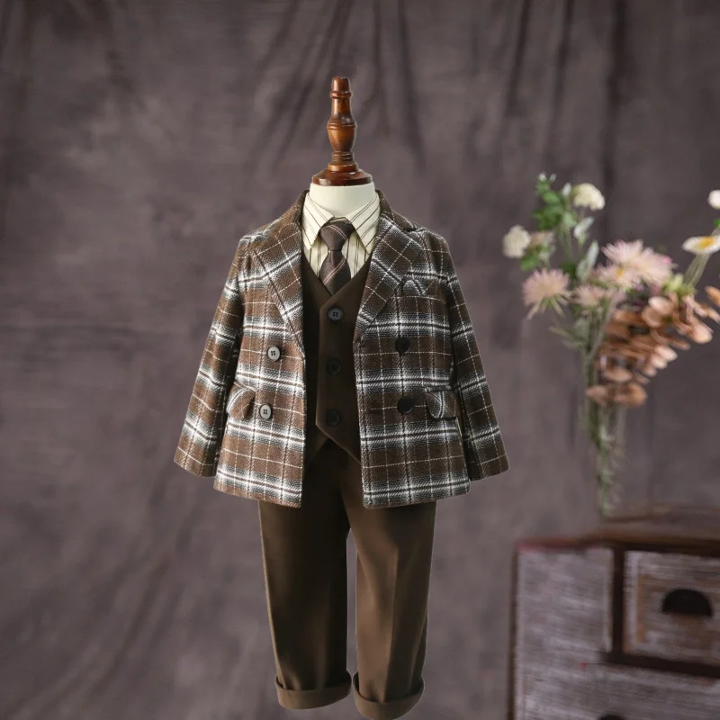 Birthday Formal Photography Outfit Flower Boys Brown Plaid Wedding Dress Kids Children's Piano Host Performance Costume