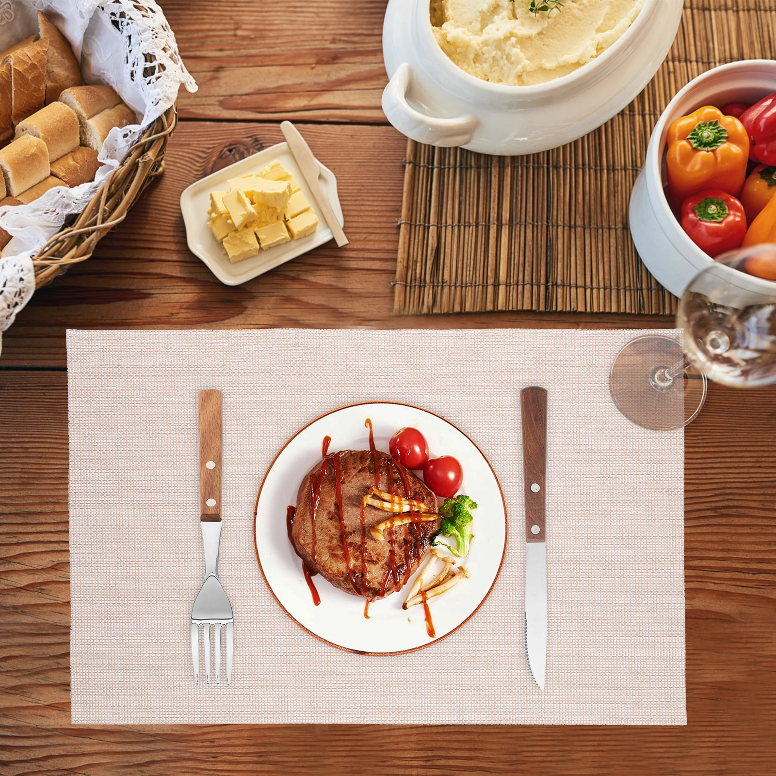 

6pcs PVC Placemats Woven Design Washable Table Mats Coasters 2x2 Meters Bowl Mats Dining Set Holiday Decor Dinner Bowl Dish Mat