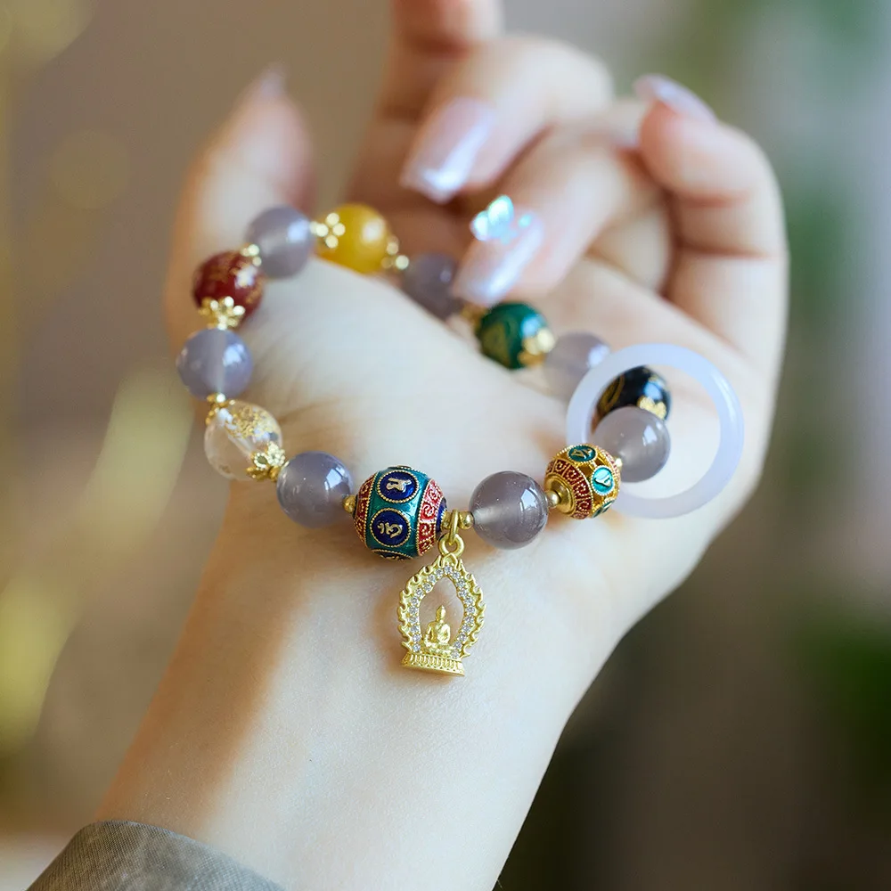 Natural Agate Five Fortunes God Bracelet Smoky Purple No Form Life Buddha Chinese Style Festival Gift For Girlfriends