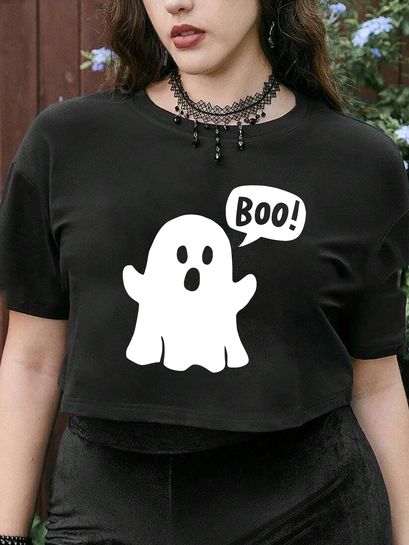 Surprise Ghost Boo Creative Design Printed Crop T-Shirts Summer Fashion Cute Casual Round Neck Short Sleeved Women's Top Tee