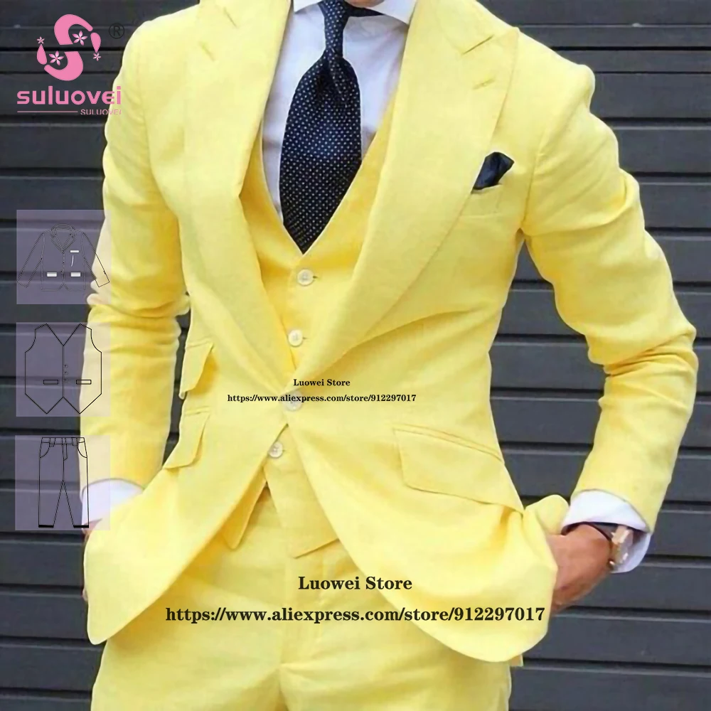 

Fashion Yellow Peaked Lapel Suit For Men Slim Fit 3 Piece Pants Set Formal Groom Wedding Prom One Button Tuxedo Blazer Masculino