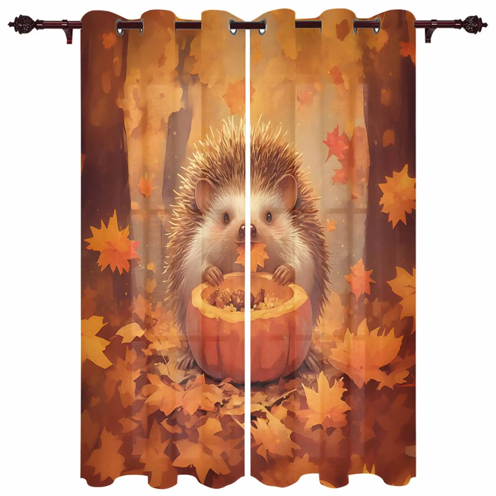 Autumn Forest Hedgehog Pumpkin Maple Leaves Modern Panels Hall Curtains for Living Room Bedroom Window Curtains Hotel Drapes