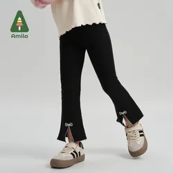 Amila Baby pants 2024 autunno New Style Girls tinta unita Basic Versatile Leggings per bambini Slim con spacco leggermente svasato