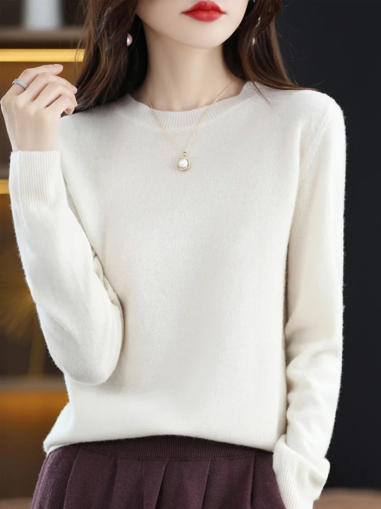 2024 New 100% Merino Wool Sweater For Women O-neck Long Sleeve Pullover Spring Autumn Basic Pure Color Knitwear Soft Comfort Top