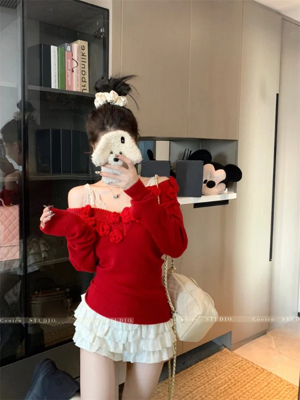 

Women's Red V-neck Knitted Pullover 3d Flower Soft Lazy Comfortable Sweater Tops Winter Sexy Off-shoulder Office Commute Outfit