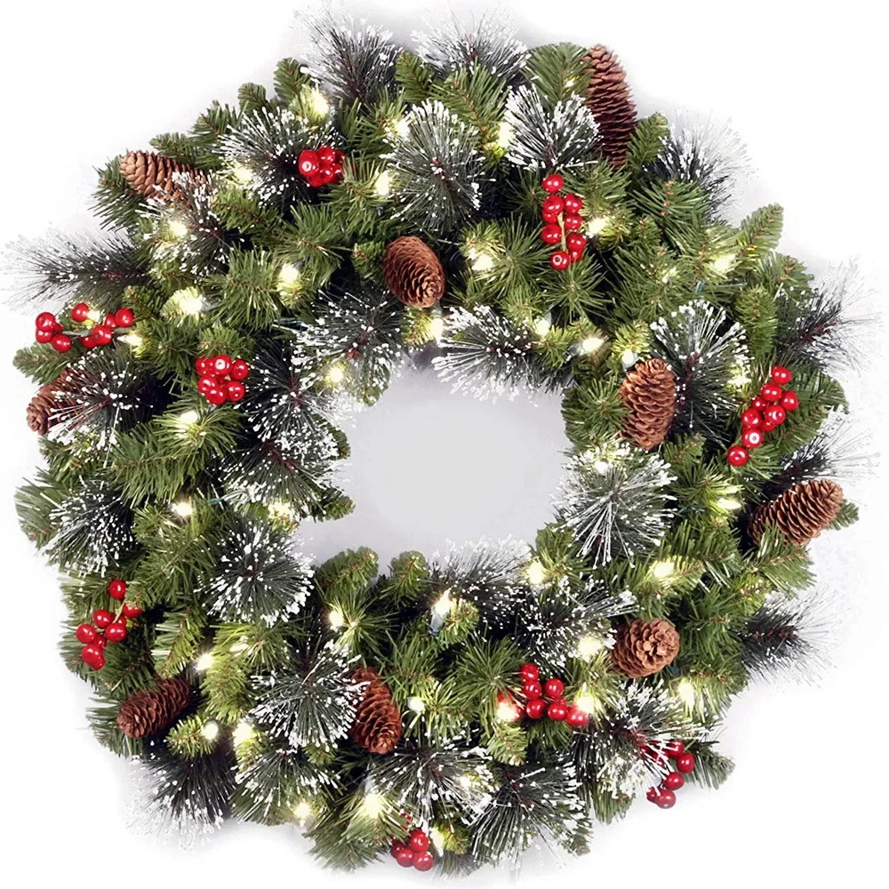 Light Up Artificial Christmas Wreath Green Spruce Pine Cones Clusters Branches Xmas Wreath Garland For Door Home Decorations