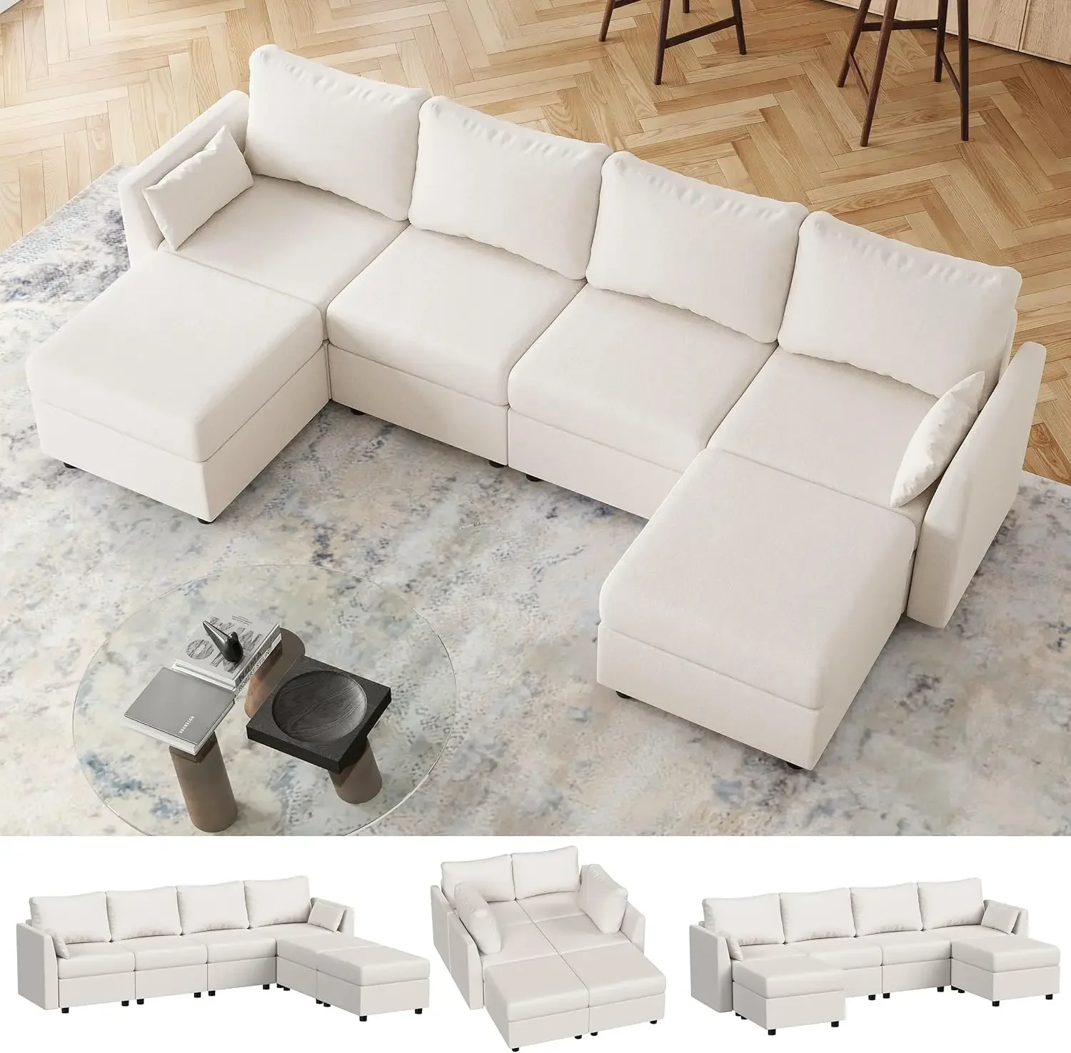 Sectional Sofa with Storage, Convertible 6 Seat Sectional Couches for Living Room, U Shaped Sectional Sofa with Chaise,