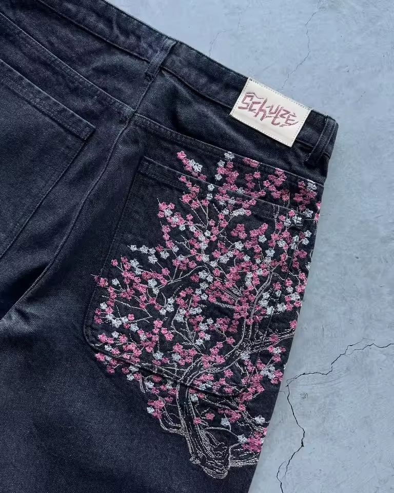 Fashion Cherry Blossom Pocket Embroidery Jeans Shorts Men Women Retro Baggy Black Denim Short Y2k Jorts Hip Hop Streetwear Pants - AliExpress 