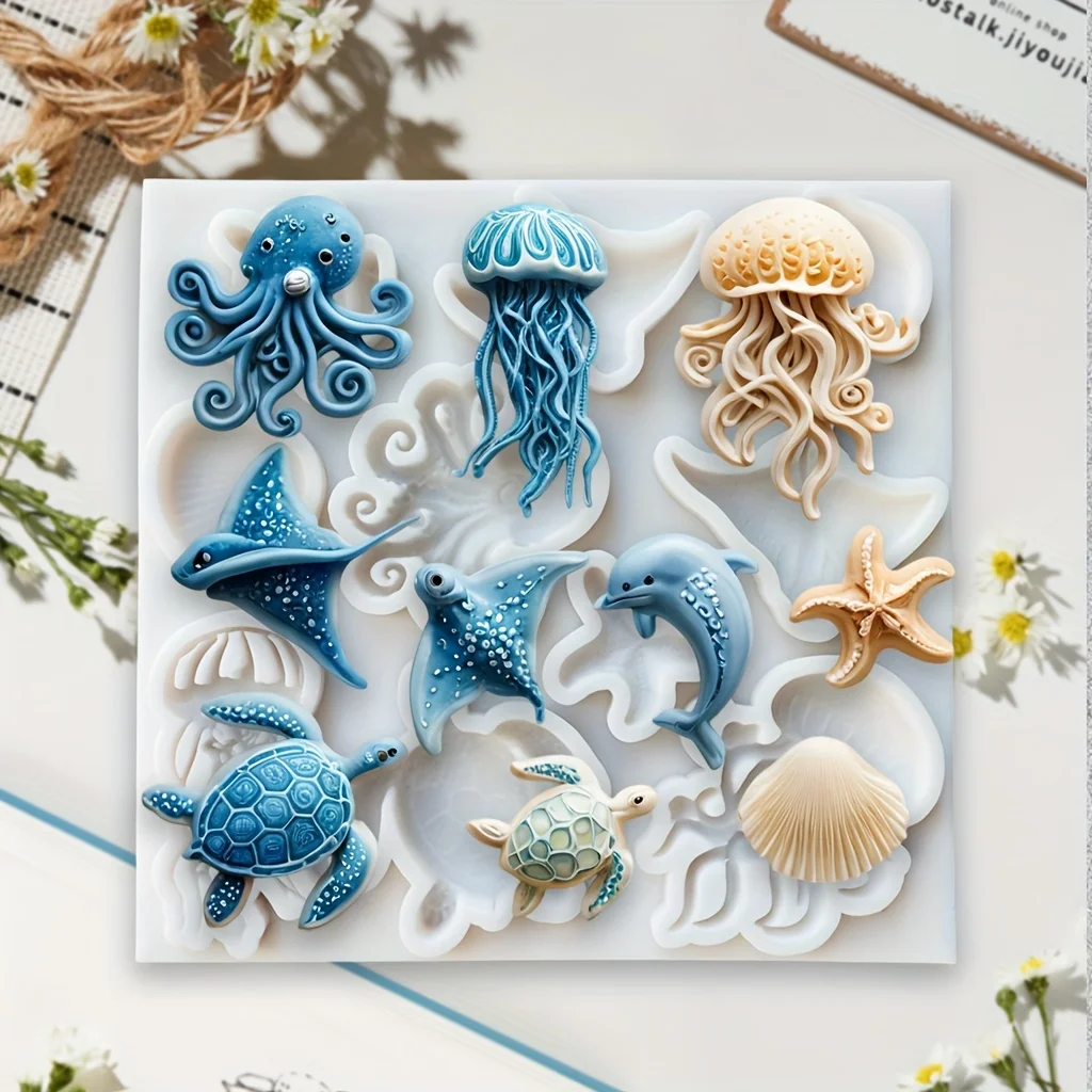 Moule en silicone animaux marins : pieuvre, méduse, dauphin, tortue – pour fondant, chocolat, résine, argile, savon, artisanat DIY