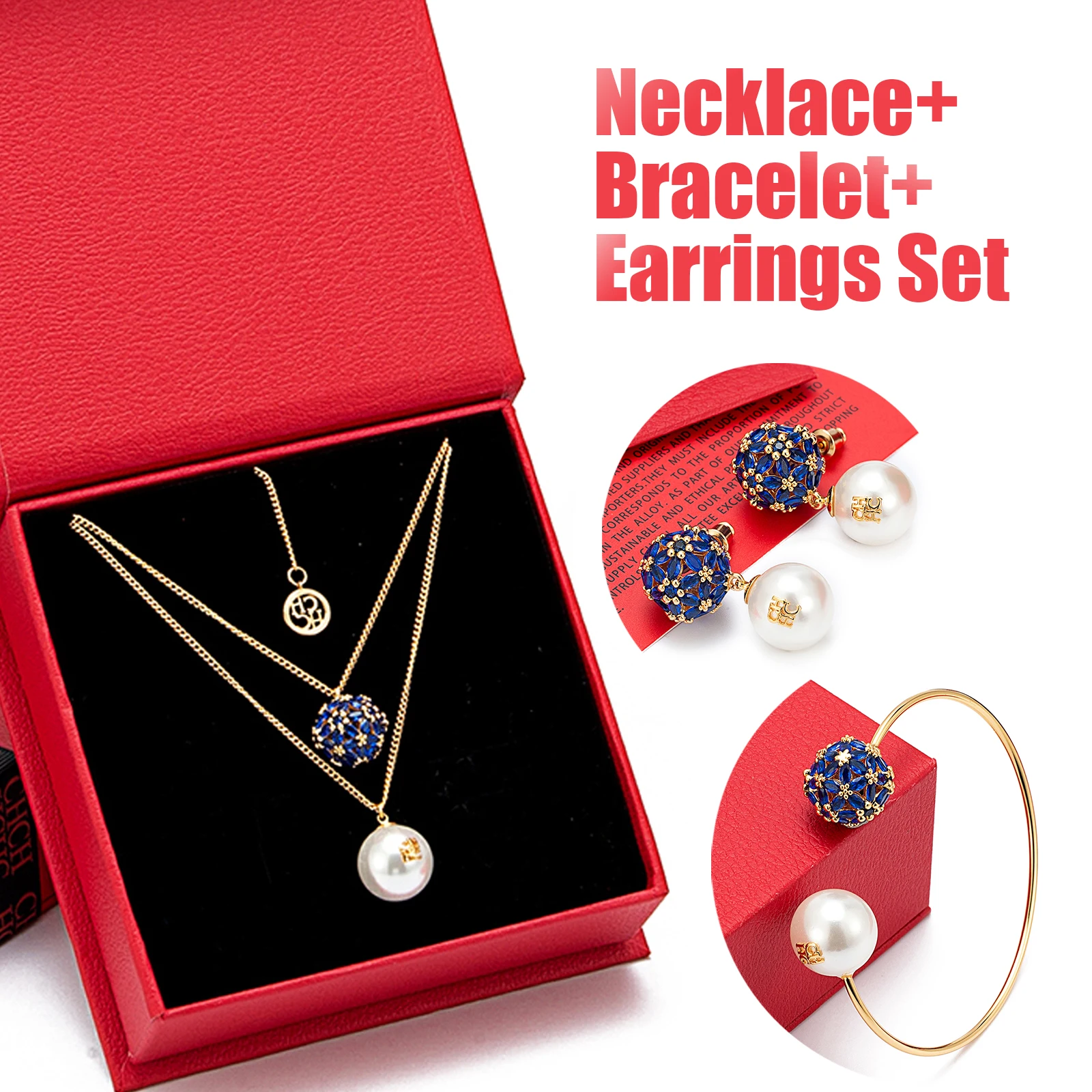 

2025 Ocean Blue Pearl Set 3Pcs Diamond Ball & Blue Pearl Necklace Earrings Bracelet Vacation Wedding Gift Red Box with Ribbon