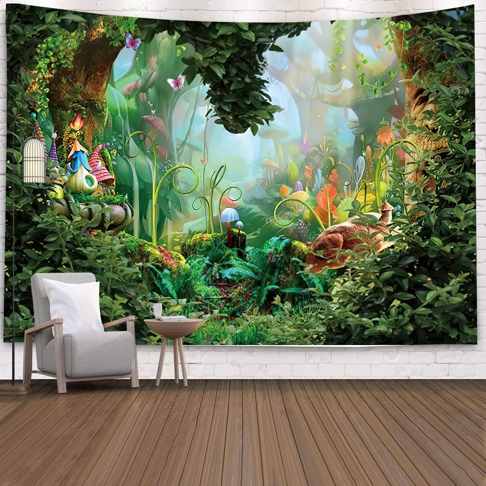Fairy Tale Forest Tapestry Wall Hanging Fantasy Magic Garden Mushroom Aesthetic Kid Baby Bedroom Living Room Dorm Party Decor
