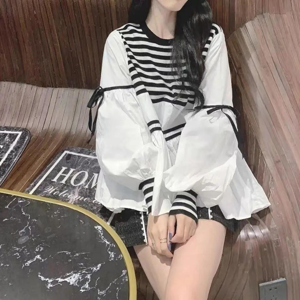 

2026 New Spring Summer Women Striped Patchwork Shirt Female Puff Sleeve Long Sleeve T-shirt Casual Blouse Tops Loose T-shirt