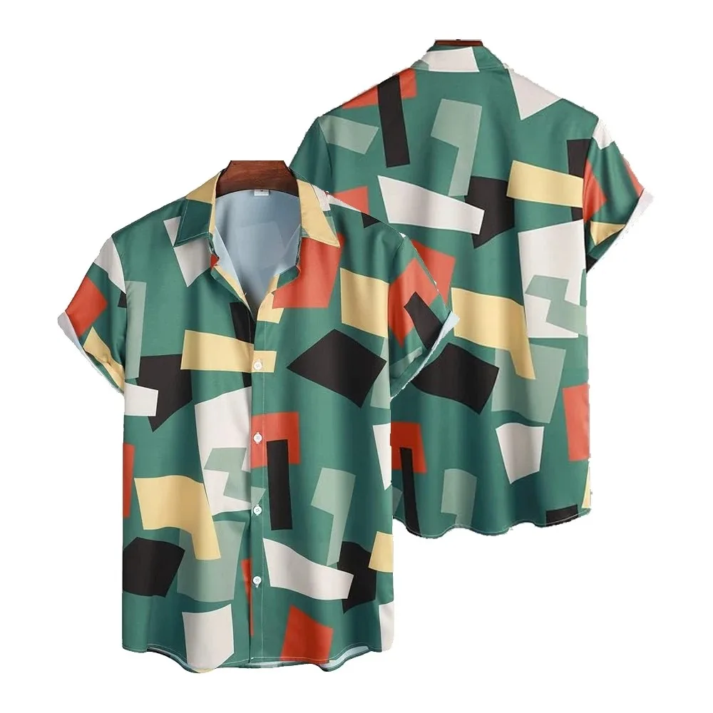 

Geometric Color Block Print Button-up Shirt Summer Hawaiian Women Men Short Sleeve Party Beach Casual Shirts 2024