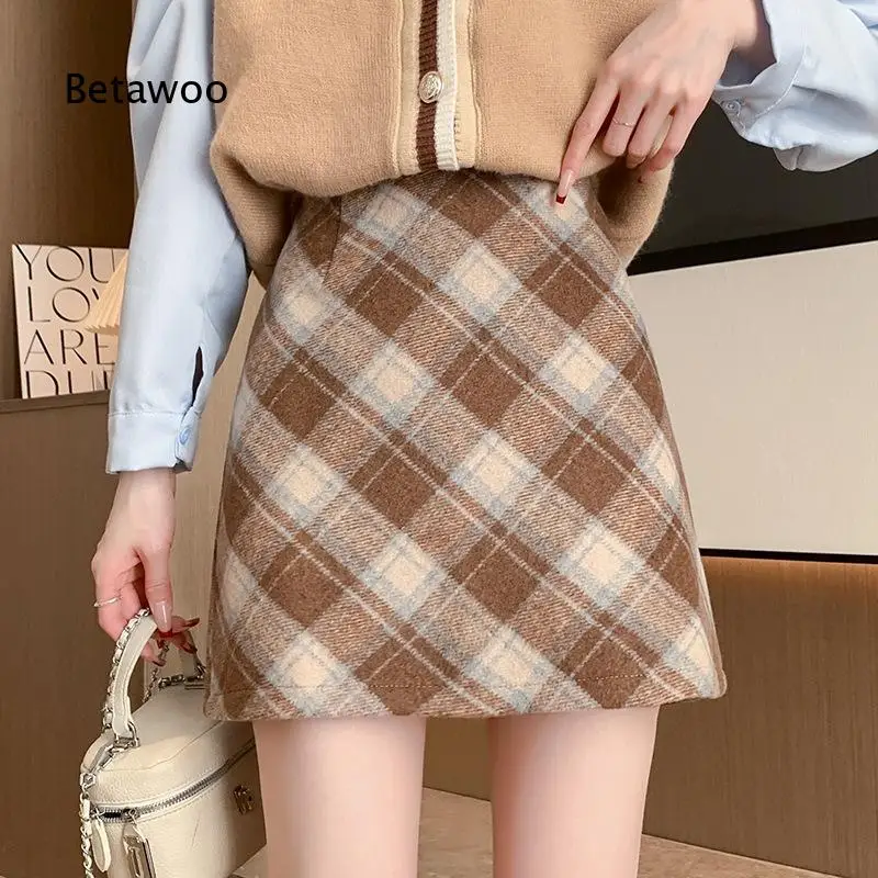 Women Fall Winter Wool Blend Plaid Mini Skirt High Waist A Line Silhouette Slim Fit Design Suitable For Petite Figures Retro St