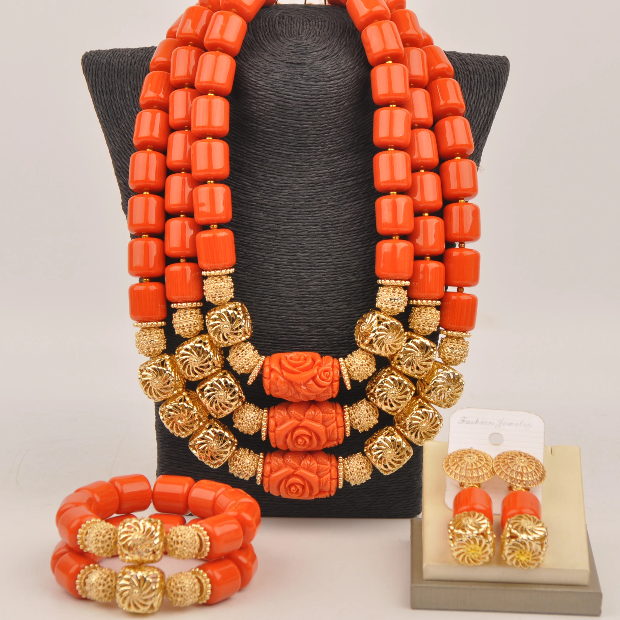 

Orange Artificial Coral Jewelry Set, African Wedding Beads