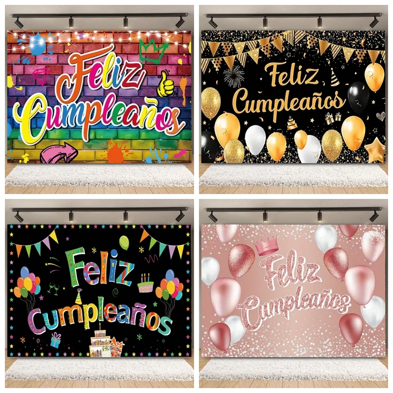 

Feliz Cumpleaños Spanish Happy Birthday Background Pink Gold Glitter Balloons Party Decorations Bridal Shower Adult Celebration