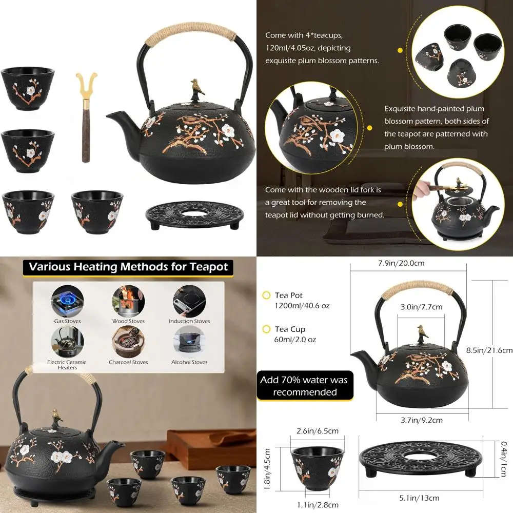 

Японский чугунный чайник 1200 мл с 4 чашками, в комплекте заварочный чайник, традиционный чайный сервиз для японского чая