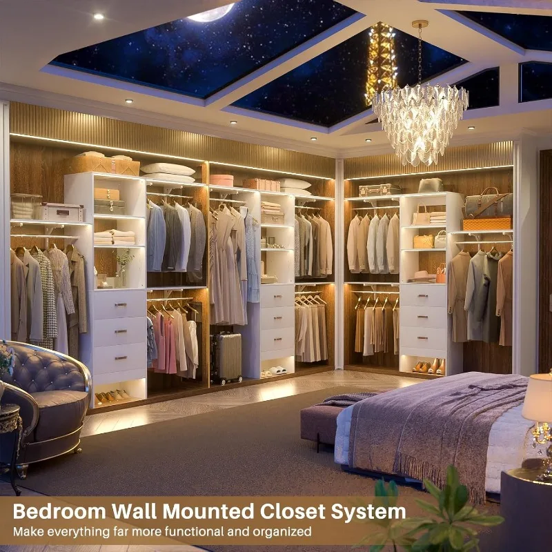 Closet System With 3 Wooden Drawers, 8FT Closet Organizer System, 96'' Walk-in Closet with 3 Hanging Rods & 3 Shelf Tow